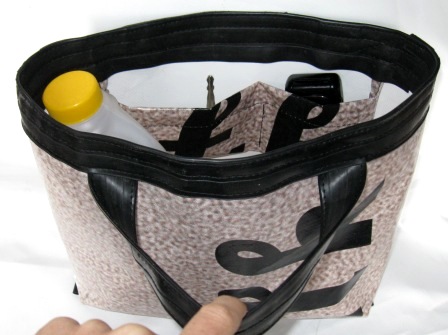 Inside view of the recycled inner tube and billboard tote bags made by recycled.co.nz